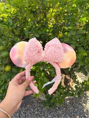 Pink Sherpa Minnie Ear Headband with Pastel Tie-Dye Ears